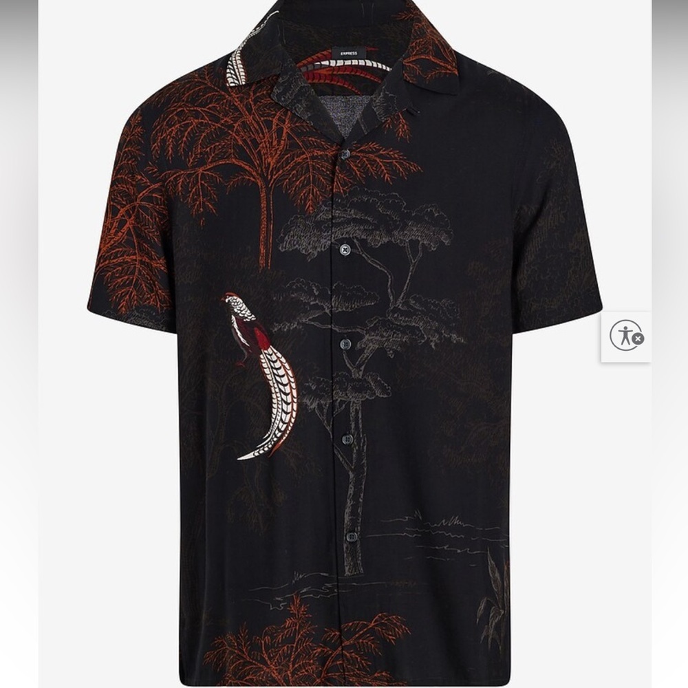 Express Bird & Tree Print Rayon Short Sleeve Shirt SIZE XL - Picture 7 of 7